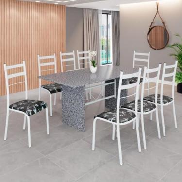 Imagem de Conjunto Sala de Jantar Mesa Retangular 180x75cm Tampo Granito Ocre 8 Cadeiras Marselha Preto Floral/Branco
