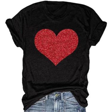 Imagem de Beopjesk Camisetas femininas estampadas para o dia dos namorados manga curta com estampa de coração, CD preto, M