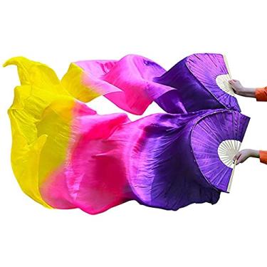 Imagem de Nimiman 1 par feminino (esquerda + direita) de seda véu de dança do ventre leques dobráveis longos comprimento 180 cm largura 90 cm (roxo rosa amarelo)
