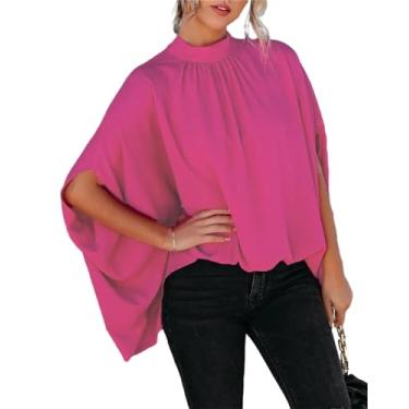 Imagem de Melliflo Blusas femininas de chiffon com gola falsa, meia manga, largas, de chiffon, camisas de verão, Rosa choque, G