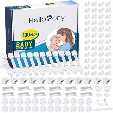 Imagem de HelloPony Kit de proteção para bebês - 12 fechaduras + 2 chaves magnéticas para armário - pacote com 12 fechaduras ajustáveis para bebês - pacote com 24 protetores de canto transparentes para bebês -
