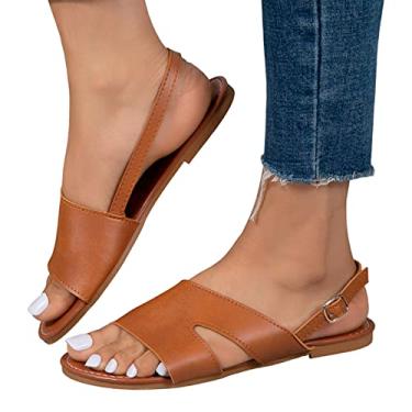 Imagem de VIBEPEAK Sandálias planas de couro deslizamento em chinelos slides senhoras moda verão cor sólida fivela de couro fundo plano preto sandálias romanas sandálias botas femininas sandálias planas de cour
