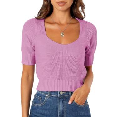 Imagem de EVALESS Suéter feminino de verão de manga curta e gola quadrada leve, B, lilás, P