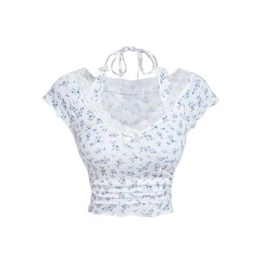 Imagem de SHENHE Camiseta feminina com acabamento em renda floral gola V frente única manga cavada linda camiseta justa, Azul e branco, P