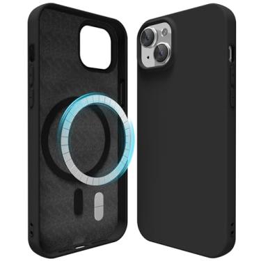 Imagem de oakxco Capa de silicone para iPhone 15 Plus/14 Plus Magnética, compatível com carregamento sem fio Magsafe, gel de borracha macia fina e fina, feminina, capa rígida e estética para mulheres, preta