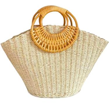 Imagem de QZUnique Bolsa feminina de palha tecida à mão bolsa de verão para praia bolsa retrô de vime bolsa de viagem com alça superior redonda de madeira, K - bege, One Size
