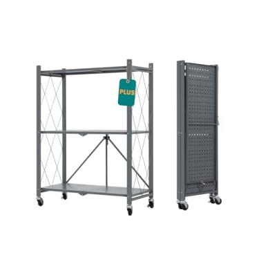 Imagem de Prateleiras de armazenamento resistentes sobre rodas, carrinho de rodinhas de 3 andares, prateleiras de metal 71 cm L x 35 cm P x 88 cm A para padeiras de cozinha de garagem, arame de metal, rack organizador dobrável/dobrável, cinza