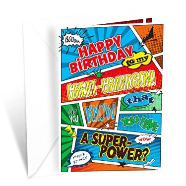 Imagem de Prime Greetings Cartão de aniversário de bisneto com tema de super-herói, feito nos EUA, ecológico, cartolina grossa com envelope premium 12,7 cm x 19,7 cm, embalado em caixa de proteção