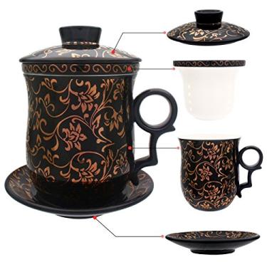 Imagem de Chá de porcelana com tampas de infusor e conjuntos de pires – Caneca de café de cerâmica Jingdezhen chinesa com sistema de preparação de chá de folhas soltas para home office, Arabesque Black