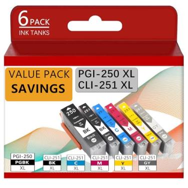 Imagem de 250 e 251 cartuchos de tinta de substituição para impressora Canon PGI-250 XL CLI-251 XL PIXMA MG6320 Pixma MG7120 Pixma MG7520 Pixma IP8720 (PGBK, preto, ciano, magenta, amarelo, cinza) pacote com 6