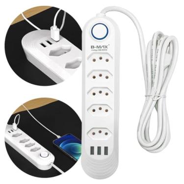 Imagem de Extensão Elétrica 5 Tomadas 3 Usb, Régua Padrão Tripolar, Filtro De Linha, Cabo 2 Metros, Bivolt, Botão Liga/Desliga