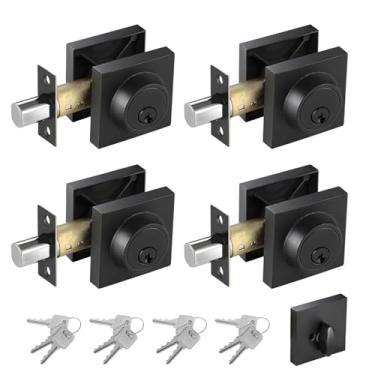 Imagem de Fechadura moderna quadrada de cilindro único, pacote com 4, preto fosco, trava de segurança para porta da frente, chave 1 lado