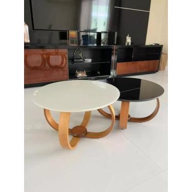 Imagem de Kit 2 Mesas Centro Base Cebola Com Tampo De Vidro Branco Com Preto - J