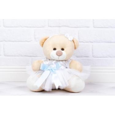 Imagem de Urso de Pelúcia Tedde 12 cm, Daminha Cetim Branco (DETALHE - AZUL CLARO)