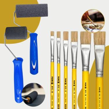 Imagem de Kit para Pintura Tigre com 6 Pincéis Chato + 2 Rolos de Espuma 5cm e 9