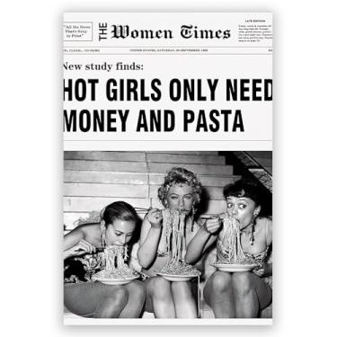 Imagem de JsGwyllion Arte de parede em tela de jornal vintage preto e branco pôster estético moderno gostosa comendo macarrão impressão para cozinha italiana quarto de menina adolescente 40 x 61 cm sem moldura