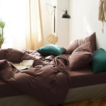 Imagem de Sedefen Capa de edredom marrom king size cor café cor mocha sólida conjunto de cama 3 peças minimalista microfibra macia capa de edredom com zíper laços presente para homens e mulheres (sem edredom)