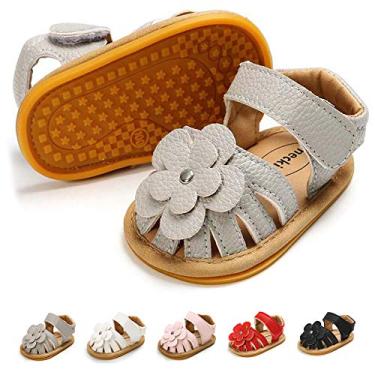 Imagem de Babelvit Sandálias infantis para bebês meninas sapatos de verão antiderrapante sola de borracha flor vestido princesa sapato recém-nascido primeiro caminhada ao ar livre sandálias, 02 Gray+flower, 3-6 Months Infant