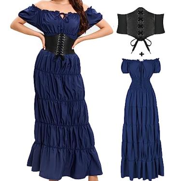 Imagem de BITSEACOCO Vestido feminino medieval renascentista, fantasia de bruxa camponesa de pirata de Halloween, vestidos longos de chemise de fada irlandesa, Azul, X-Large