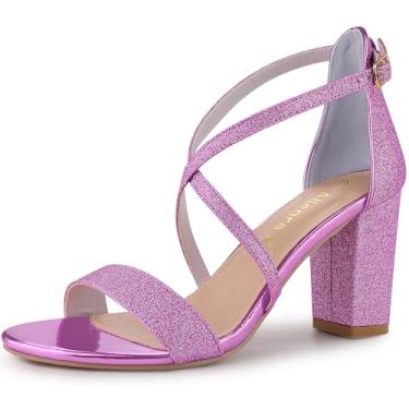 Imagem de Allegra K Sandálias femininas de salto bloco com tiras cruzadas com glitter, Roxa, 40