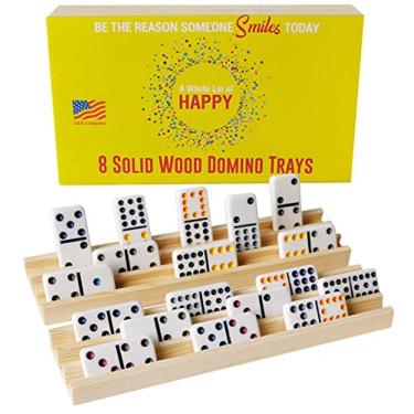Imagem de Bandejas de dominó de madeira – 8 suportes de dominó de madeira maciça com 3 linhas inclinadas para visibilidade ideal – suportes de dominó para jogos de dominó, dominós mexicano, dominós de pé de galinha, dominó cubano
