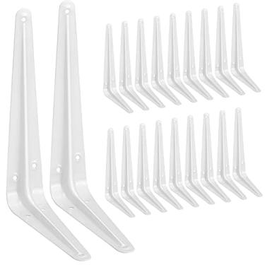 Imagem de Pacote com 20 suportes de prateleira, 20 cm, brancos, suportes em L de aço resistente para prateleiras, suporte de canto de anjo de parede para placa de madeira J Brackets