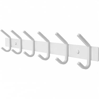 Imagem de SAYONEYES Suporte de parede para cabide branco – trilho de gancho de aço inoxidável de 43 cm com 6 ganchos de revestimento duplo resistentes – cabide de parede para entrada, banheiro, quarto, toalha