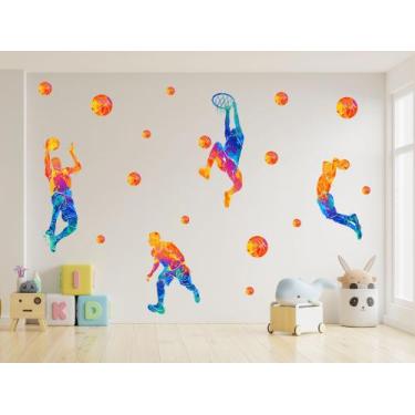 Imagem de Adesivo de Parede Basquete Jogadores Aquarela Bolas Cesta - Adesivos K