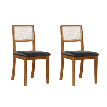 Imagem de Kit 2 Cadeiras De Jantar Luxo Palha Estofadas Couro  Preto Tela Sextavada Rubi Madeira Maciça 