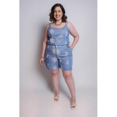 Imagem de Conjunto Regata e Shorts Bordado Laise Estilo Jeans Azul  - Maria do I