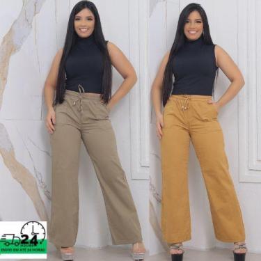 Imagem de Calça Feminina Pantalona wide leg larga cintura alta e elástico na cin