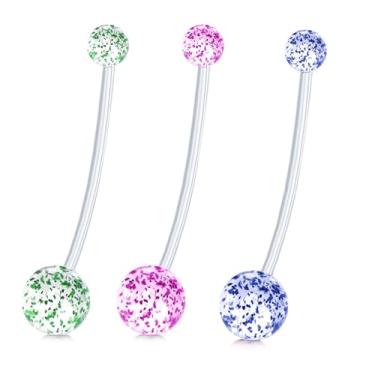 Imagem de Decentraland 3 peças 1,6 mm (14G) piercing de umbigo acrílico piercing corporal halteres piercing acrílico plástico transparente 38 mm, com esfera verde/roxo/azul, 1.6mm(14G),L-38mm, Acrílico, Sem