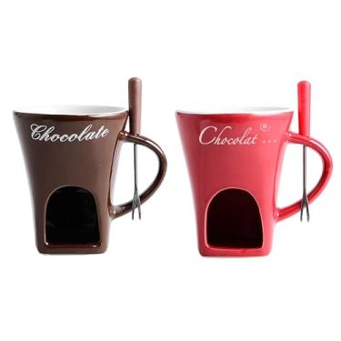Imagem de ABPWO Caneca de fondue de chocolate, canecas de cerâmica para chocolate ou queijo, conjunto de copos de fondue de chocolate com garfos, ótimo para encontros noturnos, aniversários e presentes de
