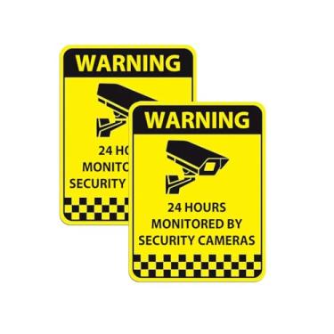 Imagem de Decalque de sinal de aviso de vigilância por vídeo 24 horas CCTV adesivo de segurança para câmera de vídeo sem invasão de propriedade para janela porta negócios autoadesivo amarelo pacote com 2