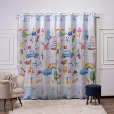 Imagem de Cortina Infantil 3,00x2,20 Estampada Tecido Cetim (Mundo Azul)
