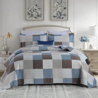 Imagem de EWlinens Conjunto de colcha Queen 100% algodão – Conjunto de colcha acolchoada xadrez com 2 fronhas, conjunto de cama leve para todas as estações, colcha para cama Queen, azul/marrom