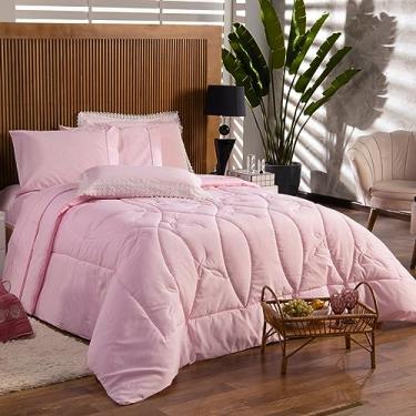 Imagem de Kit Edredom Cobertor CASAL PADRÃO 03 Peças Liso Florença Guipir Dupla Face com Fronhas - Percal Algodão 200 Fios Toque Macio Cheio Grosso (Rosa)