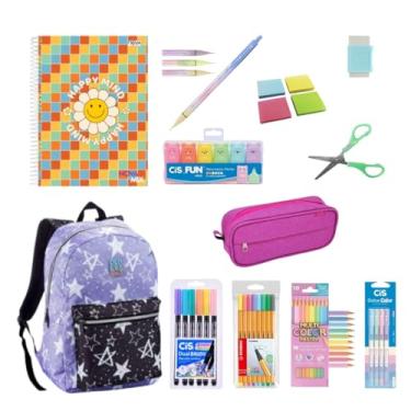 Imagem de Kit Material Escolar Colorido 44 Itens com Mochila e Estojo Caderno Caneta Tesoura Volta as Aulas