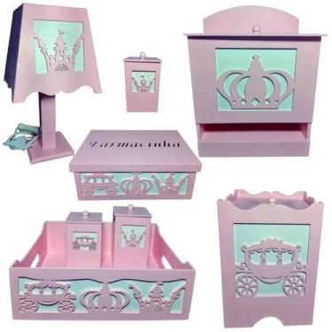 Imagem de kit higiene bebe mdf decorado 8pçs - PRINCESA ROSA - Flores para Maria