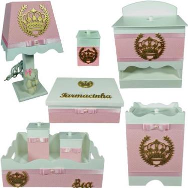 Imagem de Kit Higiene bebê Mdf decorado 8 pçs menina - ROSA BB COM BOLINHA DE CO