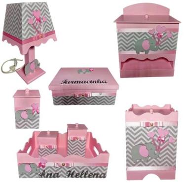 Imagem de Kit Higiene bebê Mdf 8 peças menina - ROSA BB CHEVRON CINZA DE ELEFANT