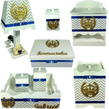 Imagem de Kit Higiene bebê Mdf decorado 8 pçs - CHEVRON CINZA DE COROA - Flores 