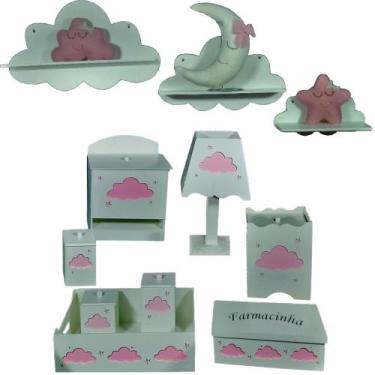 Imagem de Kit Higiene Bebe Mdf Nuvem Menina + 3 Nichos Nuvem Brancos - Flores pa