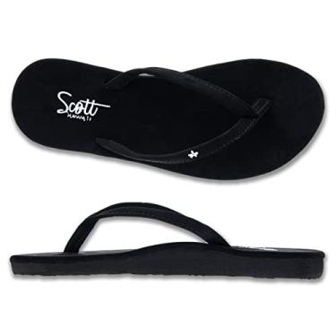Imagem de Scott Hawaii Pantufa feminina Mele | Tira de microfibra com detalhe de flor havaiana branca | Sandália sem marcação de largura estreita | Suporte de arco moldado o dia todo chinelos confortáveis para mulheres, Preto, 8 Narrow