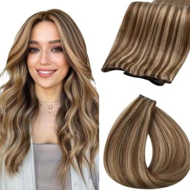 Imagem de Fshine Real Human Hair Genius Weft Extensions Cabelo Médio Castanho e Caramelo Loiro Destaques Sew in Real Human Hair Extensions Destaque Cabelo Genius Weft Remy Cabelo Humano 18 Inch 50g