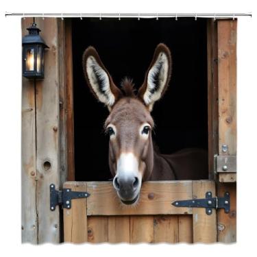 Imagem de ASVEAS Cortina de chuveiro rústica burro animais de fazenda porta de celeiro tecido de madeira country ocidental para decoração de banheiro banheira com ganchos (177.8 cm WX70 H)