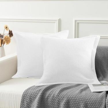 Imagem de Conjunto de 2 fronhas de travesseiro premium de trama waffle branca 100% algodão orgânico branco com fecho de envelope, ultramacia, aconchegante e decorativa, 61 x 61 cm