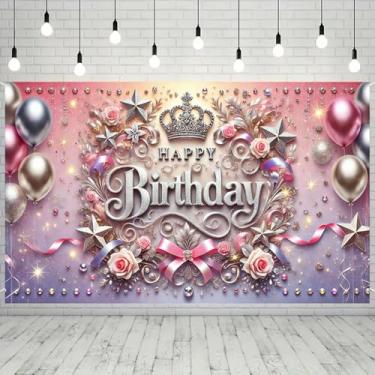 Imagem de Faixa de fundo de feliz aniversário, prata e rosa, tema princesa, decoração coroa, rosas e estrelas, 188 x 109 cm, faixa de festa para mulheres, meninas, aniversário, fotografia de fundo