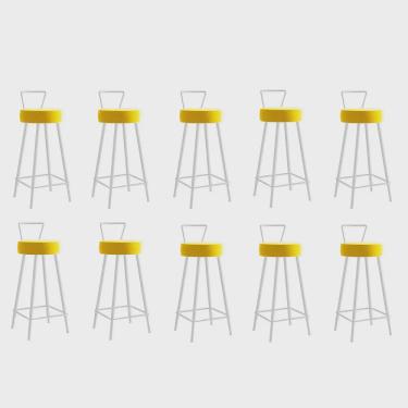 Imagem de Kit 10 Banqueta Alta Com Encosto Tais Eiffel Cozinha Bar Bistrô Ferro Branco Sintético Amarelo - Ahazzo Móveis