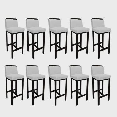 Imagem de Kit 10 Banqueta Alta Com Encosto Agnes Cozinha Balcão Bistrô Base Madeira Preto Corino Branco - Ahz Móveis